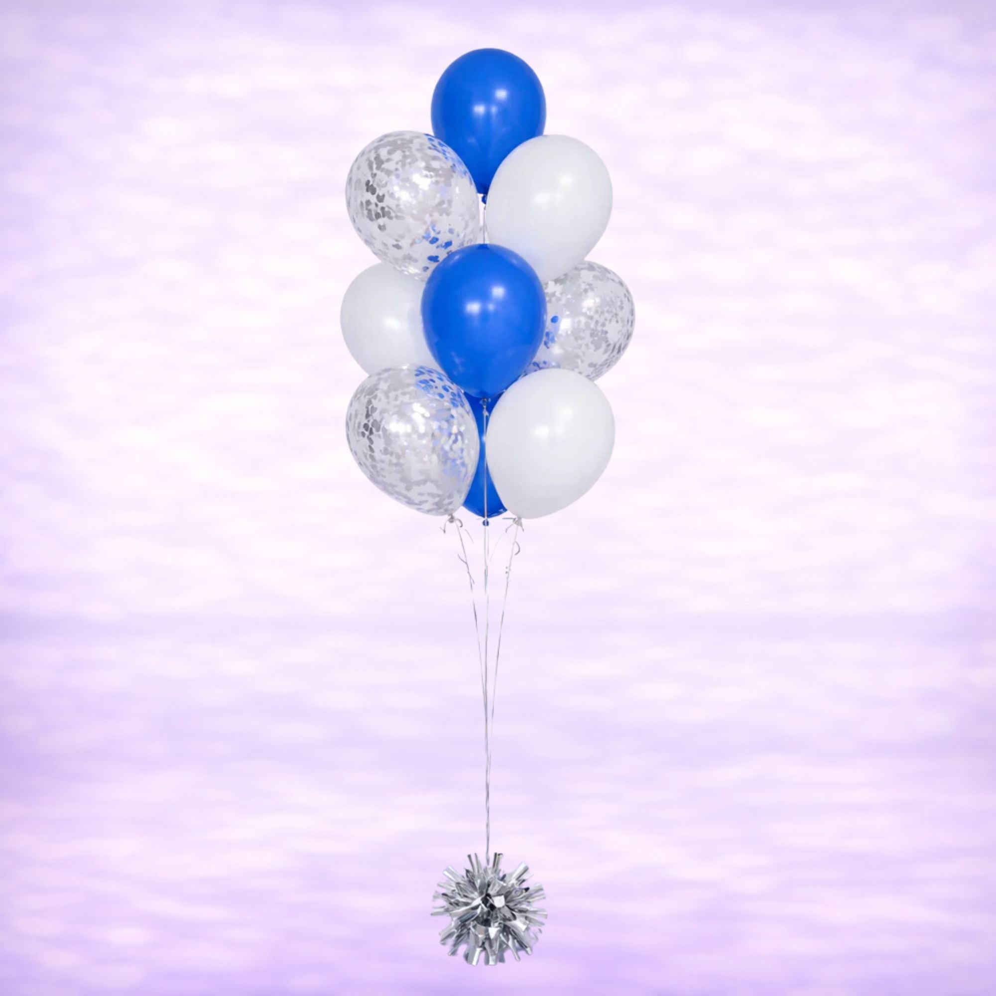 White and Blue Confetti Balloon Bouquet- 10 Balloons