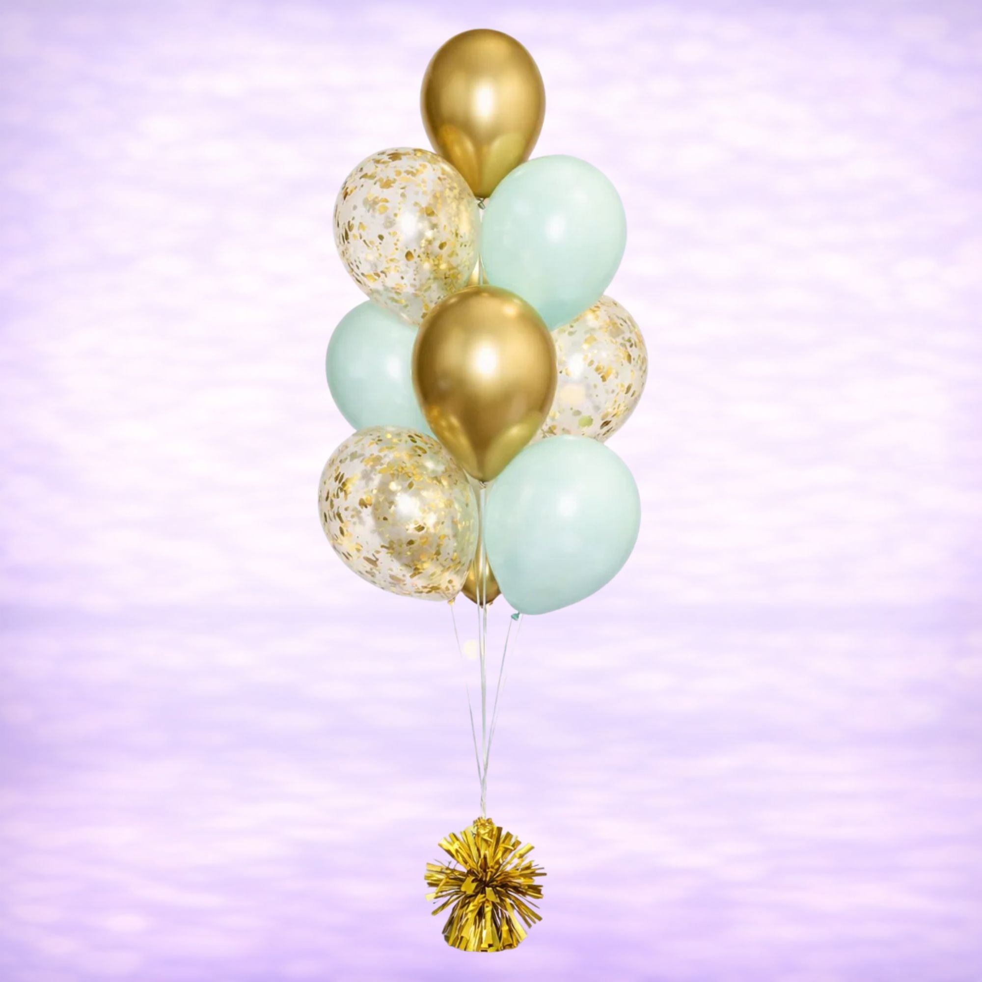 Mint and Reflex Gold Confetti Balloon Bouquet- 10 Balloons