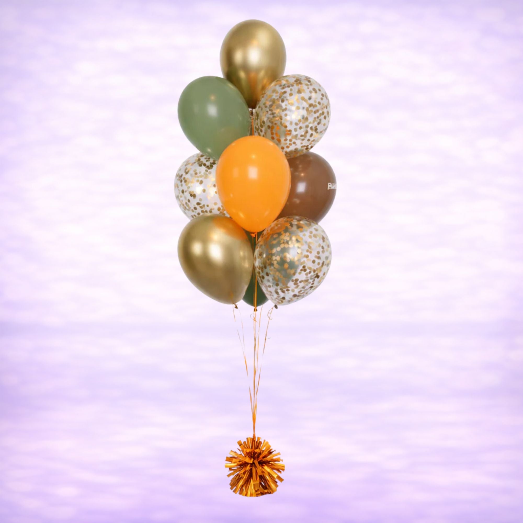 Brown, Eucalyptus, Orange and Reflex Gold Confetti Balloon Bouquet- 10 Balloons
