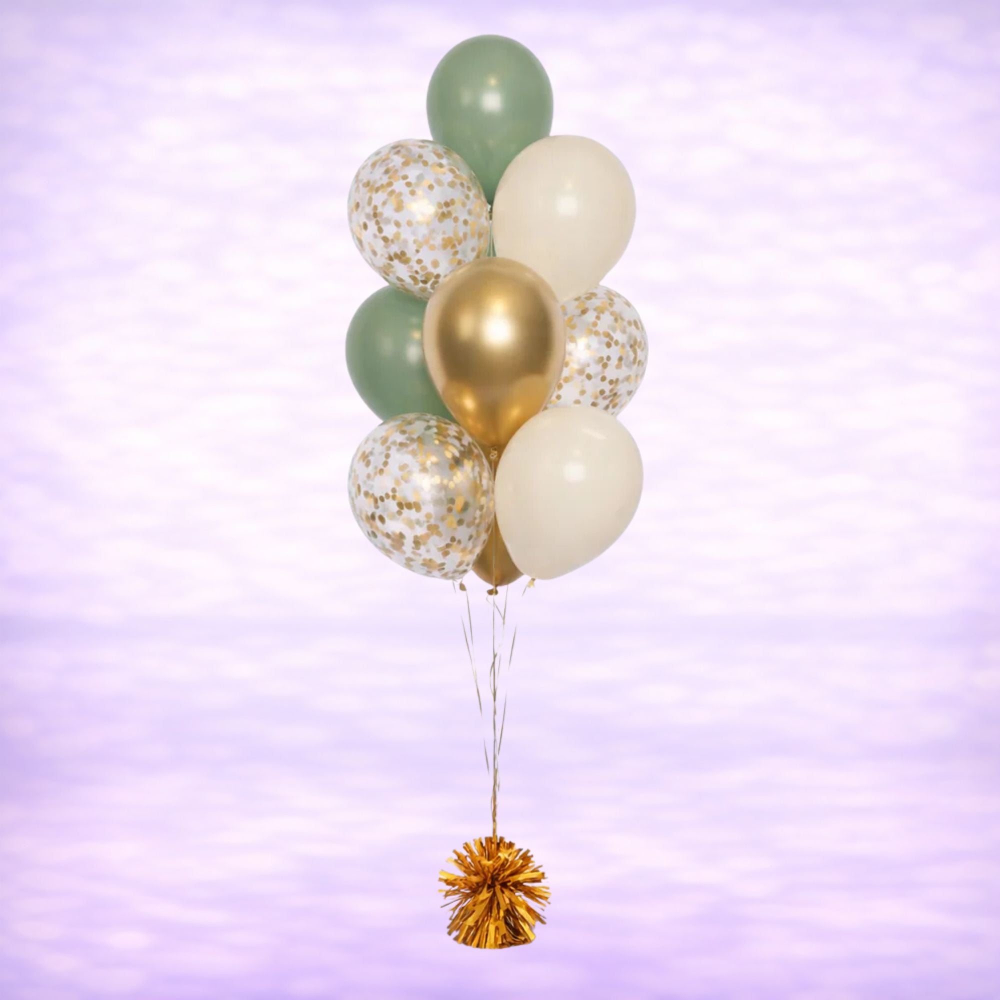 Reflex Gold, Eucalyptus and Cream Confetti Balloon Bouquet- 10 Balloons
