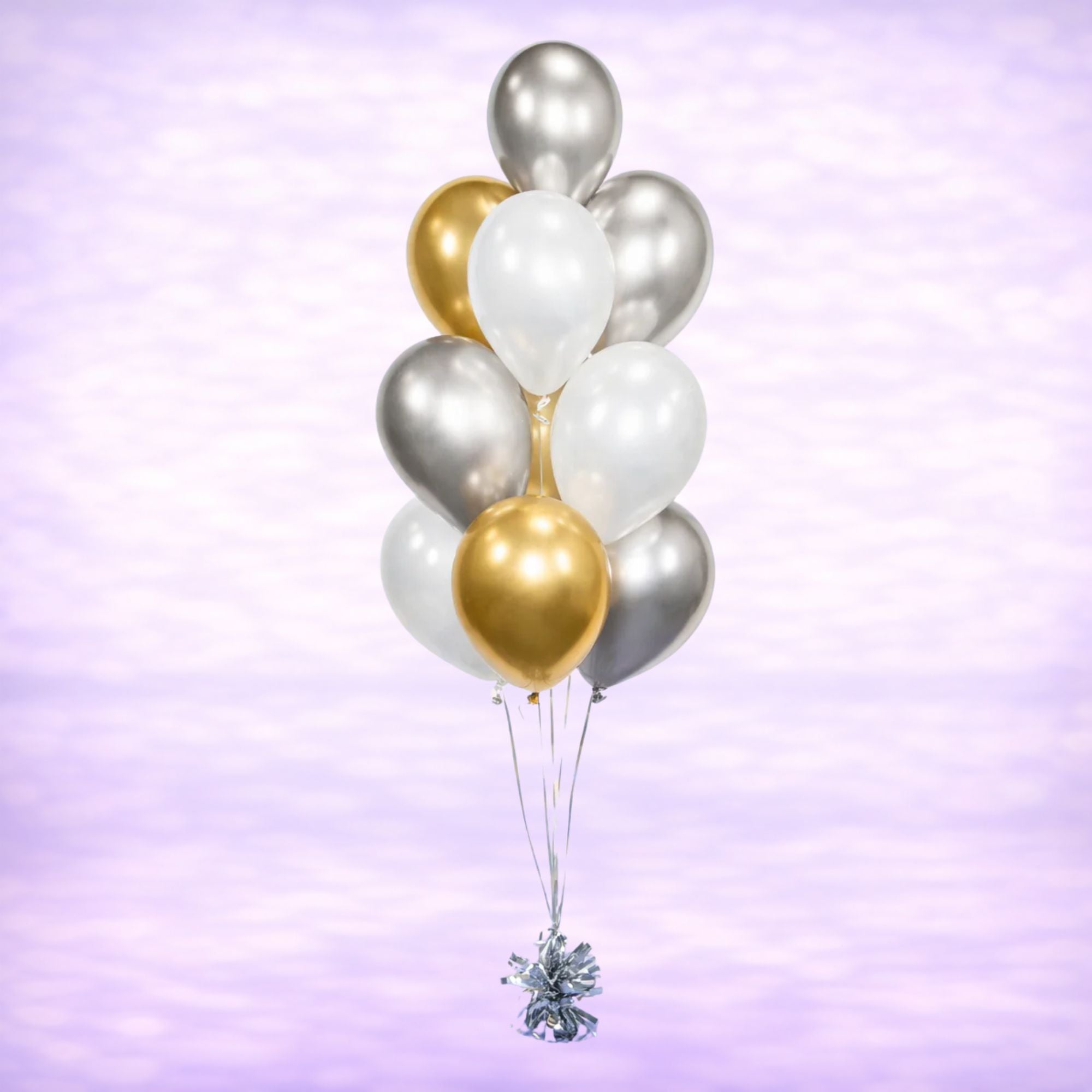 Silver, Gold and White Balloon Bouquet- 10 Balloons