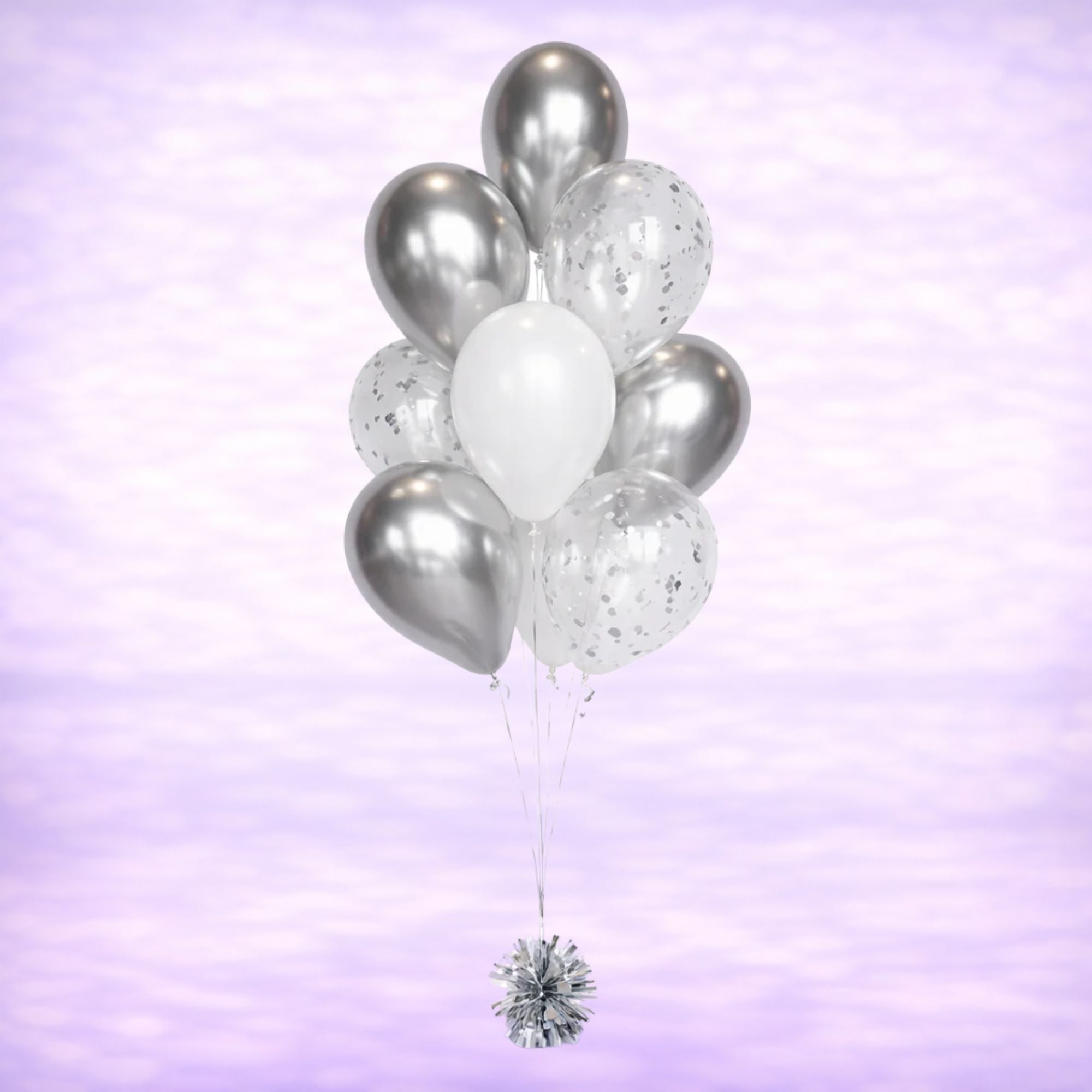 White and Reflex Silver Confetti Balloon Bouquet- 10 Balloons
