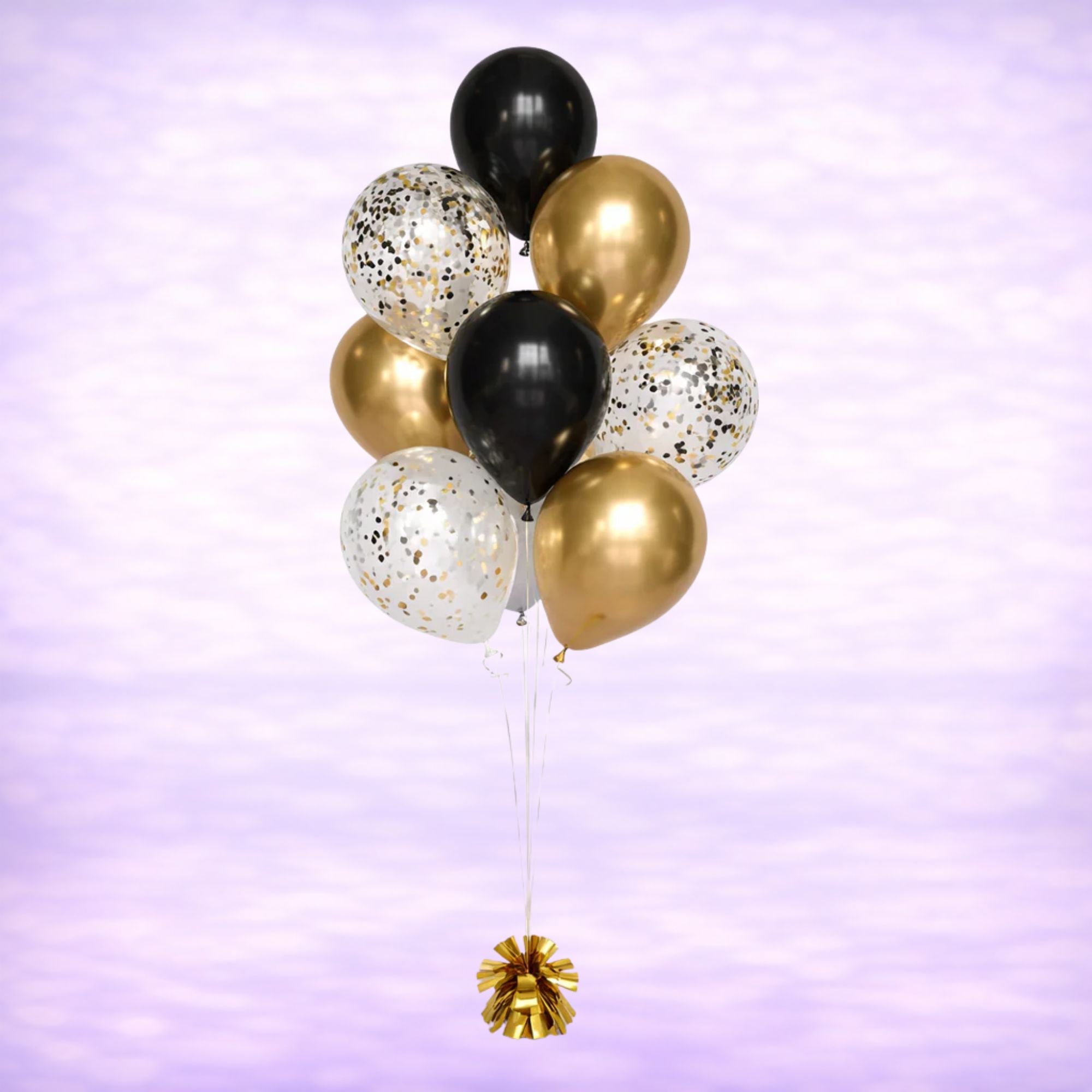 Black and Reflex Gold Confetti Balloon Bouquet- 10 Balloons