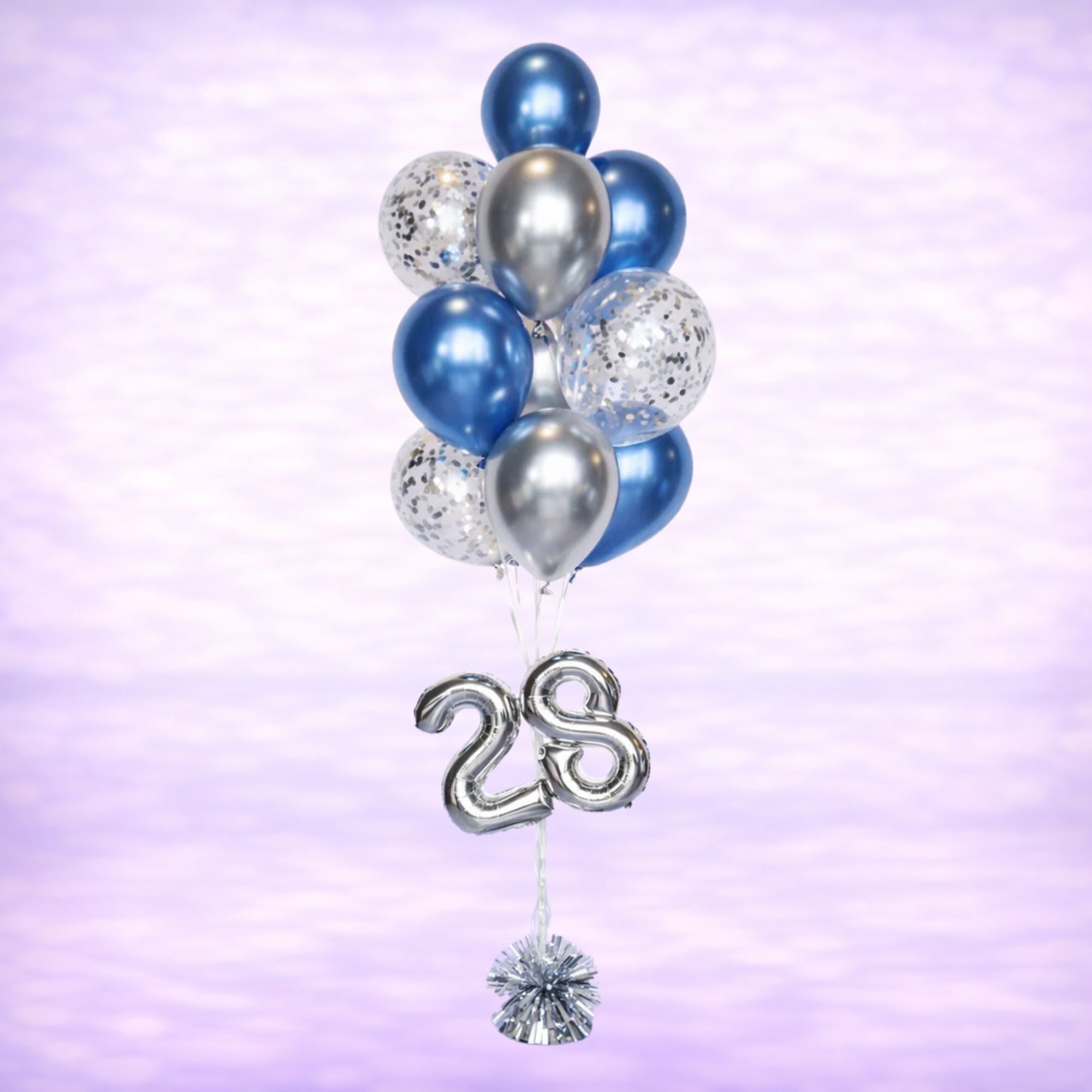 Chrome Blue and Chrome Silver Confetti Balloon Bouquet with 16" Number- 10 Balloons