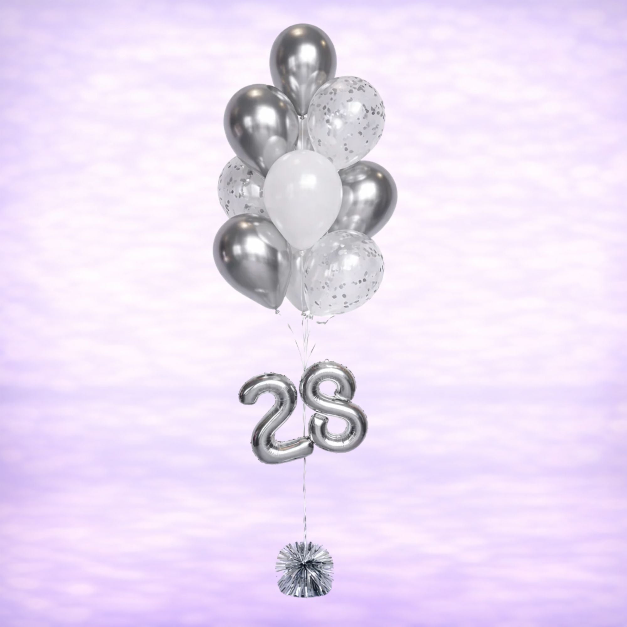White and Chrome Silver Balloon Bouquet with 16" Number- 10 Balloons