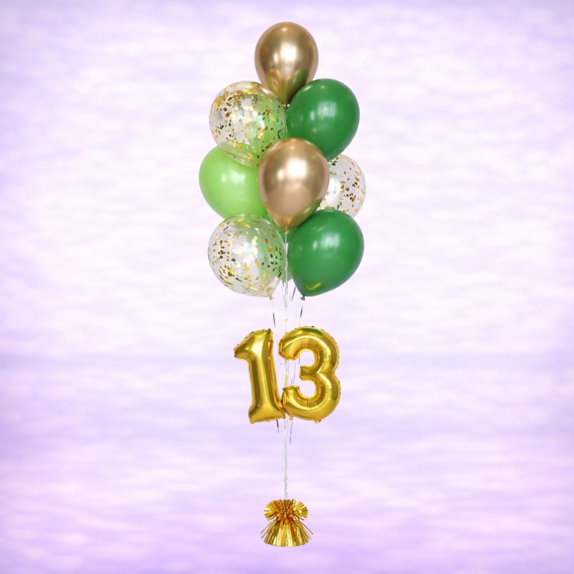 Chrome Gold and Green Confetti Balloon Bouquet with 16" Number- 10 Balloons
