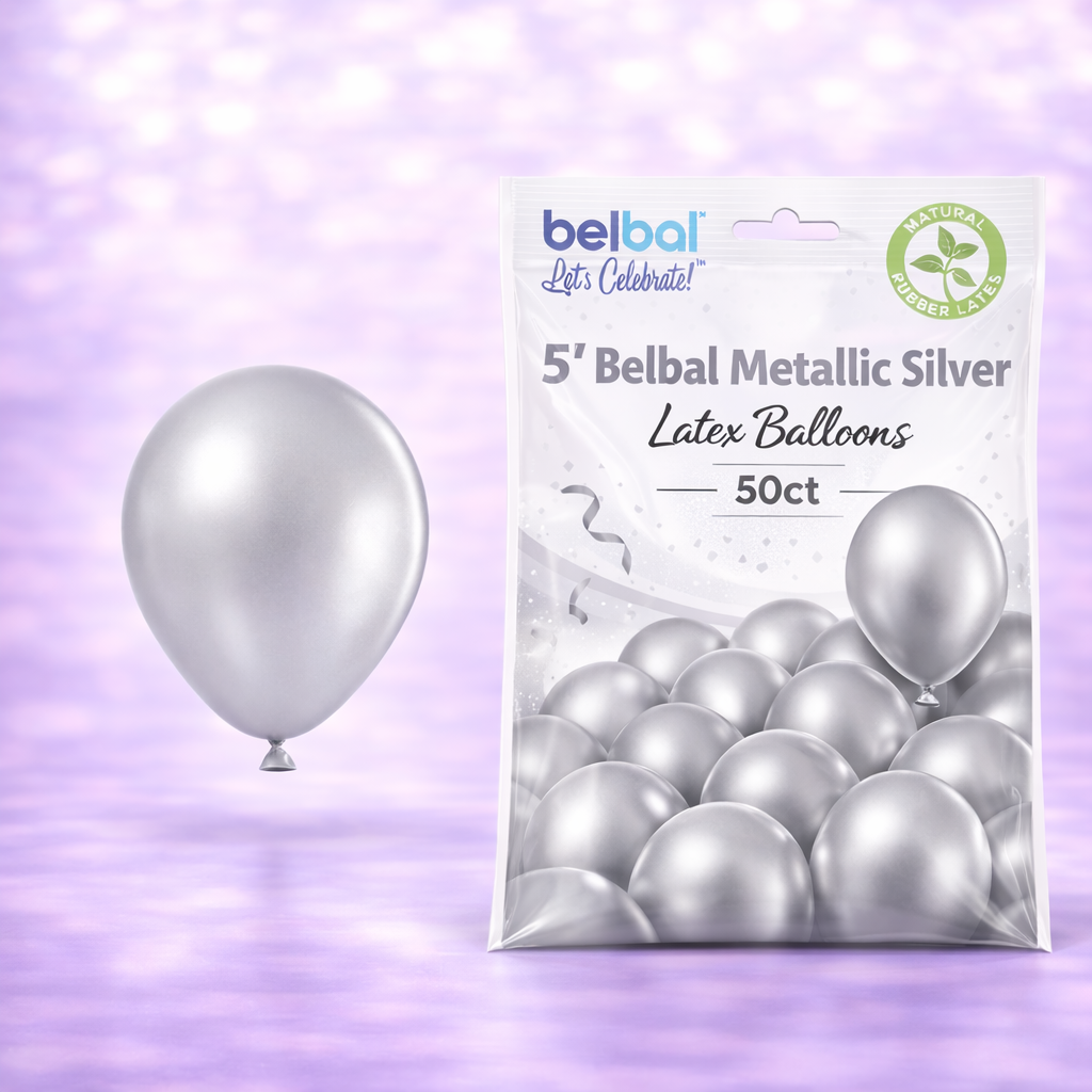 5" Belbal Metallic Silver Latex Balloons 50ct