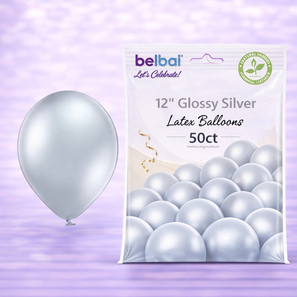 12" Belbal Glossy Silver Latex Balloons 50ct